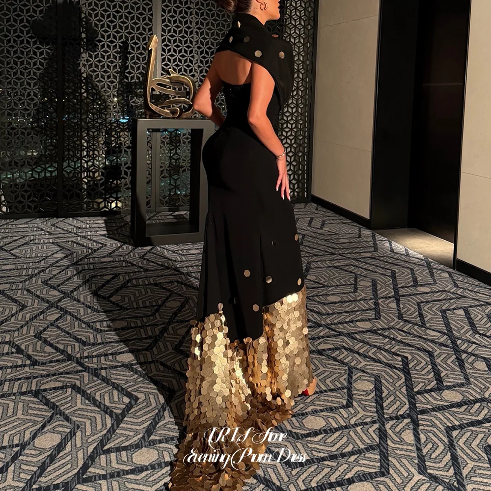 IRIS Luxe Women's Evening Dresses Black Mermaid Evening Gown Draped Shoulder Big Gold Sequin Train Dress for Women