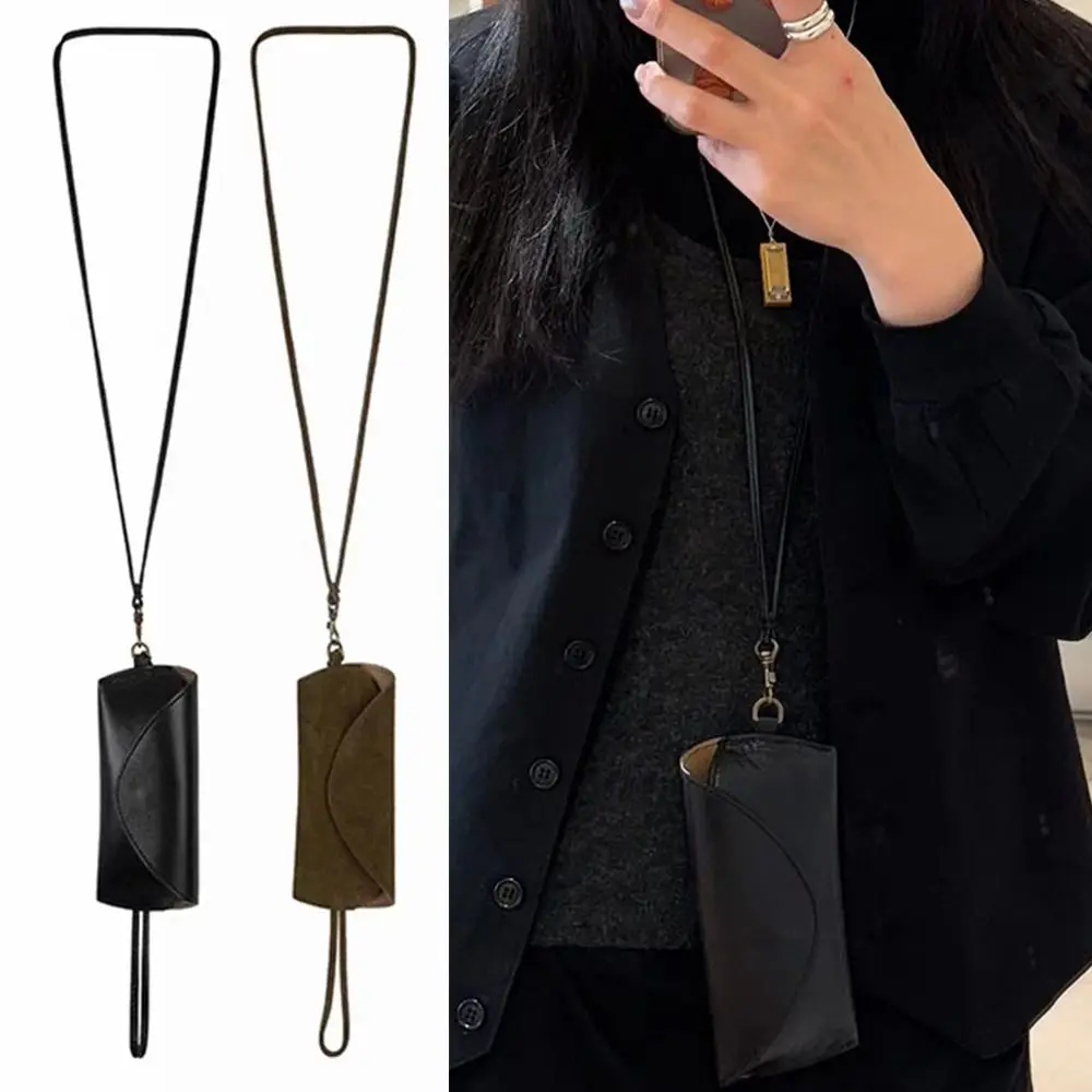 

PU Leather Sunglasses Storage Bag with Lanyard Durable Sunglasses Pouch Portable Solid Color SunGlasses Holder