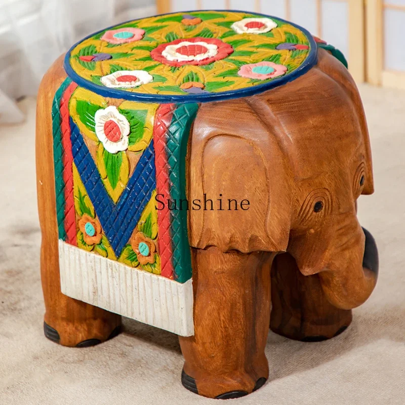 Thailand wood carving elephant stool living room solid wood shoe changing stool handicraft ornament