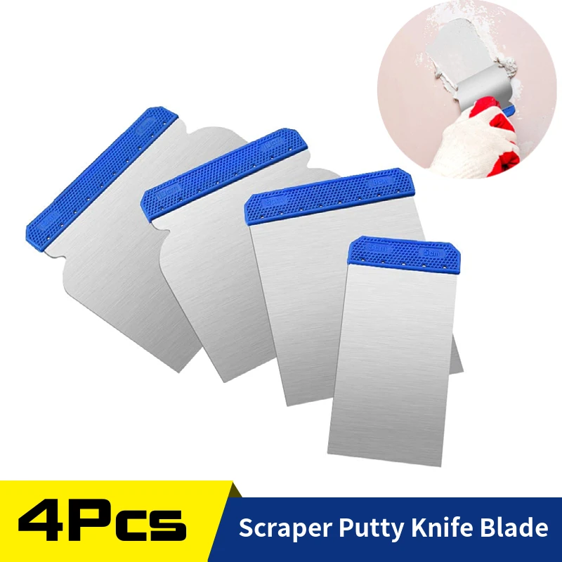 4-Piece Stainless Steel Putty Knife Set for Wallpaper Removal, Decals, Drywall Finishing, and Plastering Construction Use
