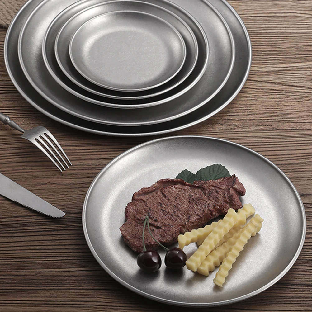 

Barbecue Plate Baking Dish Stainless Steel Tray Grill Griddle Pie Multi Function Vintage Round Shaped Wear Resistant Reusable