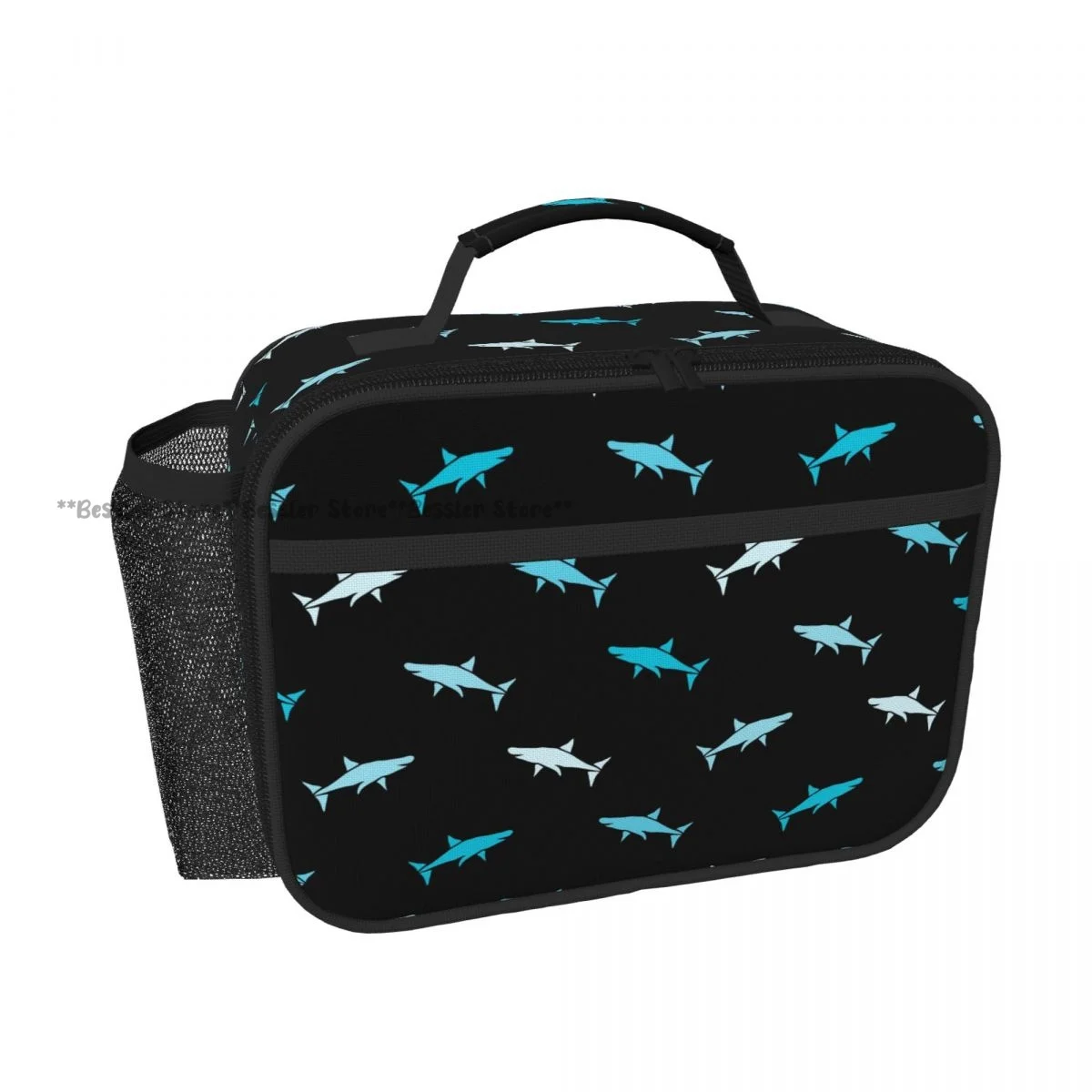Horizontal Hand Carry Insulated Bento Lunch Bag Blue Shark Symbols Thermal Reusable Meal Container Bag