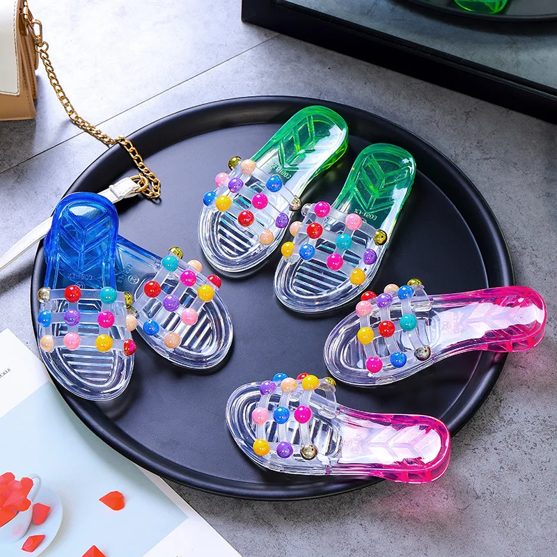 Women High Grade Transparent Crystal Pearl Soft Bottom Flat Beach Fashion Sandals