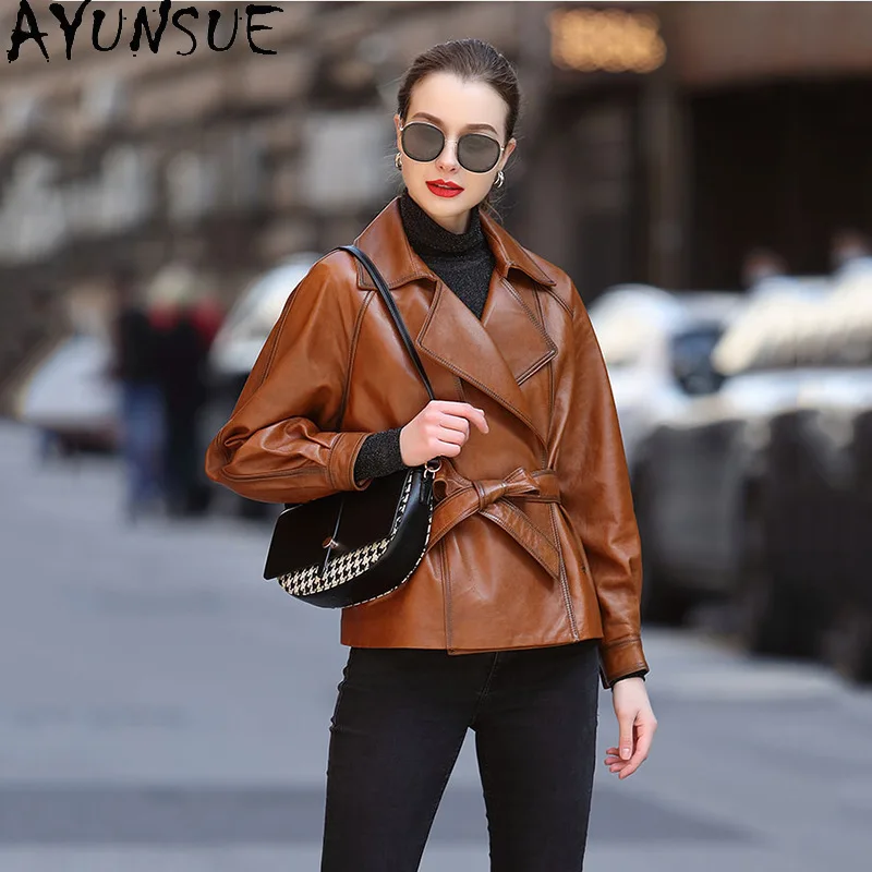AYUNSUE Genuino Giacca di Pelle Delle Donne 2025 Primavera Autunno Vestiti Cappotti di pelle di Pecora Collare del Vestito Delle Donne Cappotto Cintura Jaqueta De Couro