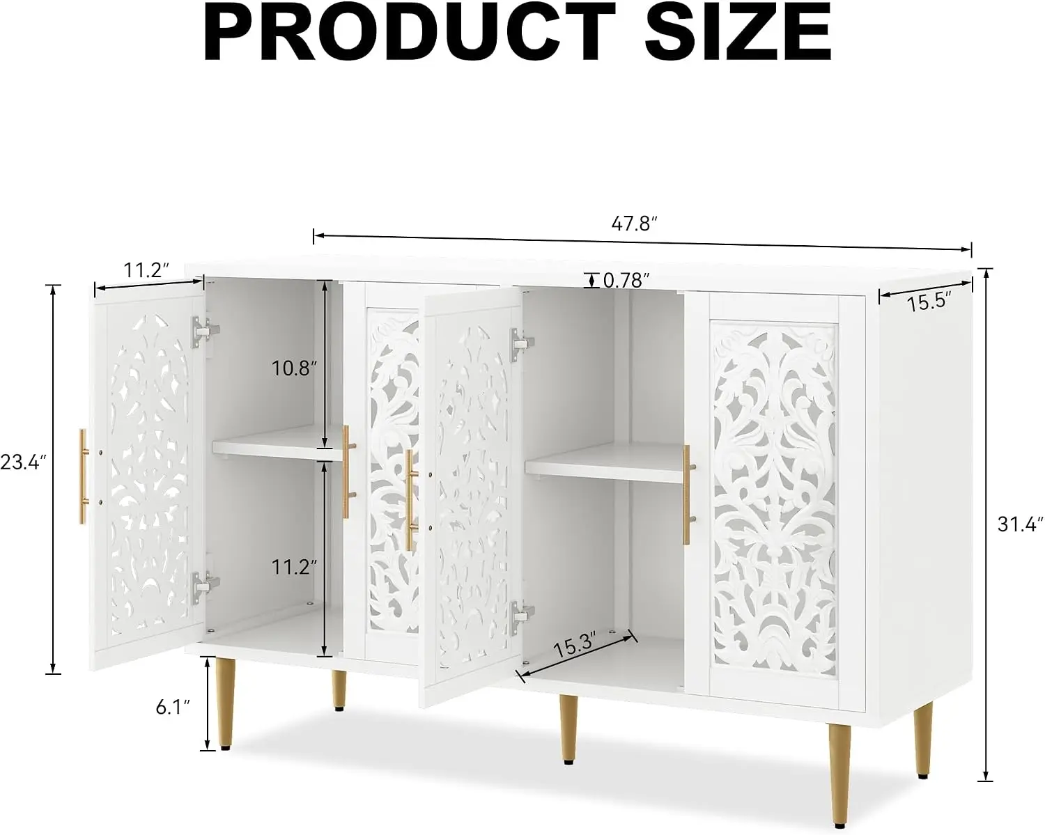 White Accent Storage Cabinet Four Hollow Carved Doors Vintage Furniture 47 Point 8 Inch