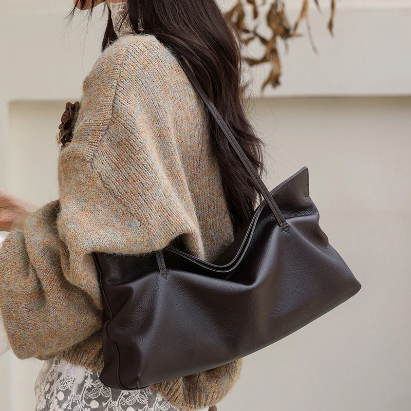 Women's Genuine Leather Shoulder Bags Large Capacity Lazy Style Female Handbags Soft Cowhide Versatile Commuting Underarm Bags