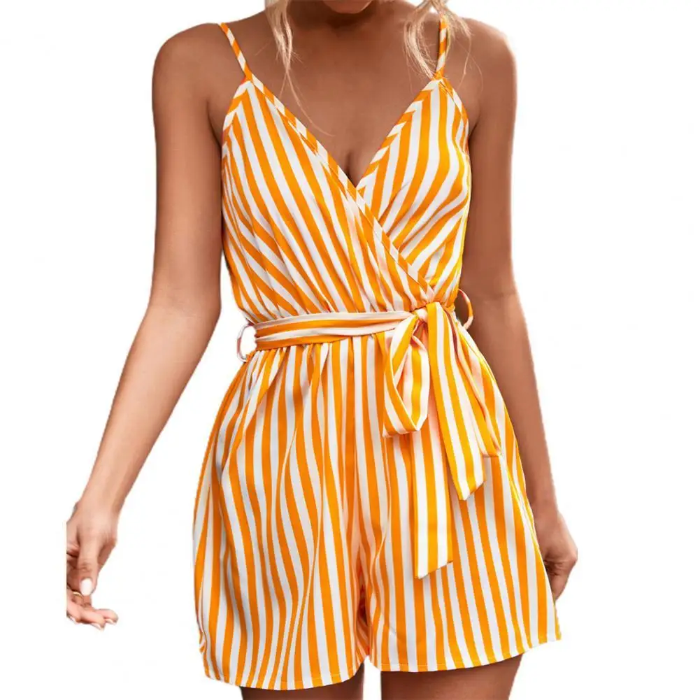 Summer Woman Jumpsuit Sleeveless Deep V Neck Stripe Print Contrast Color Tight Waist Summer Romper Female Clothes Lace Up Outfit