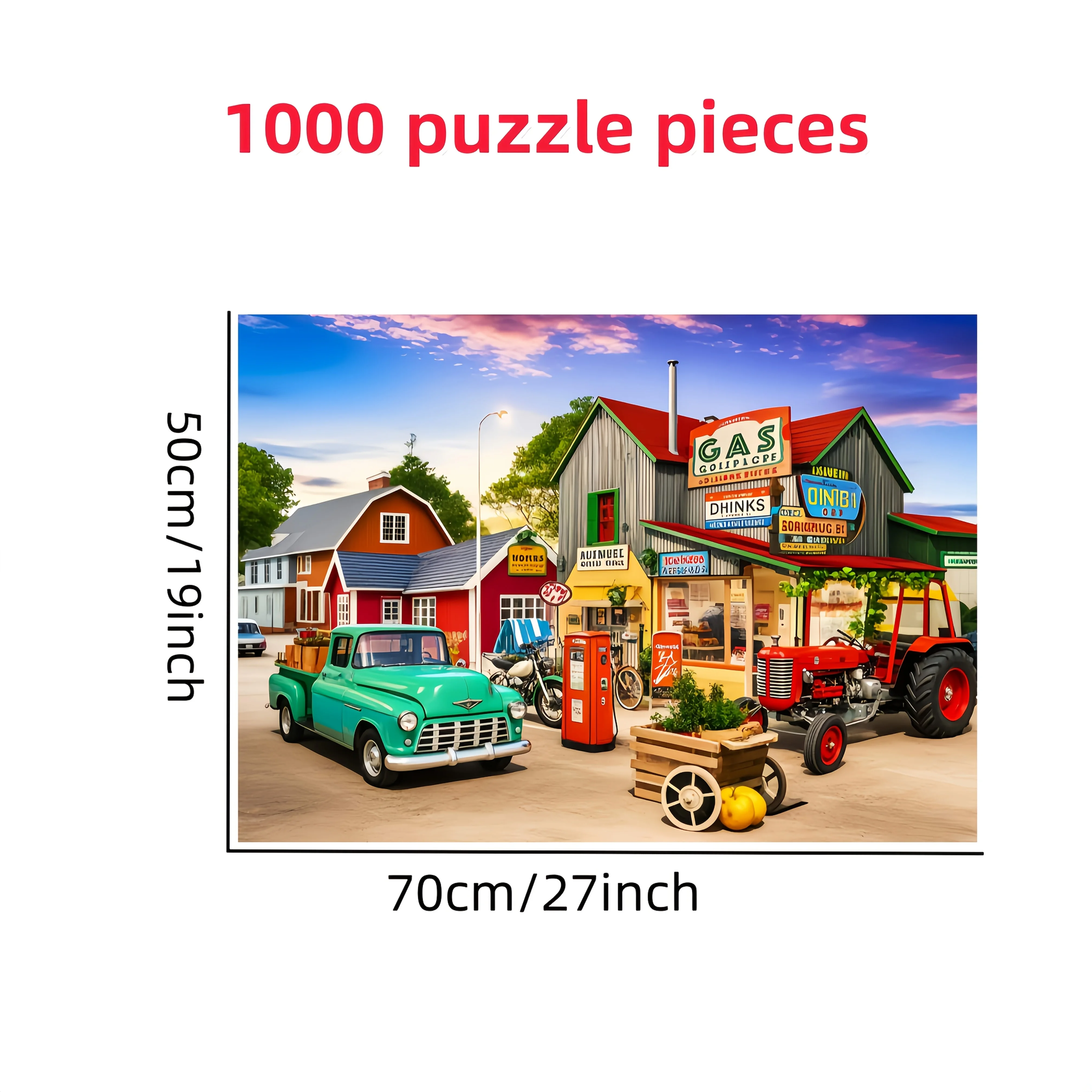 1000pcs Vintage Gas Station Puzzle - Challenging DIY Brain Teaser with Old-Style Cars, Tractors, and American Roadside Signage