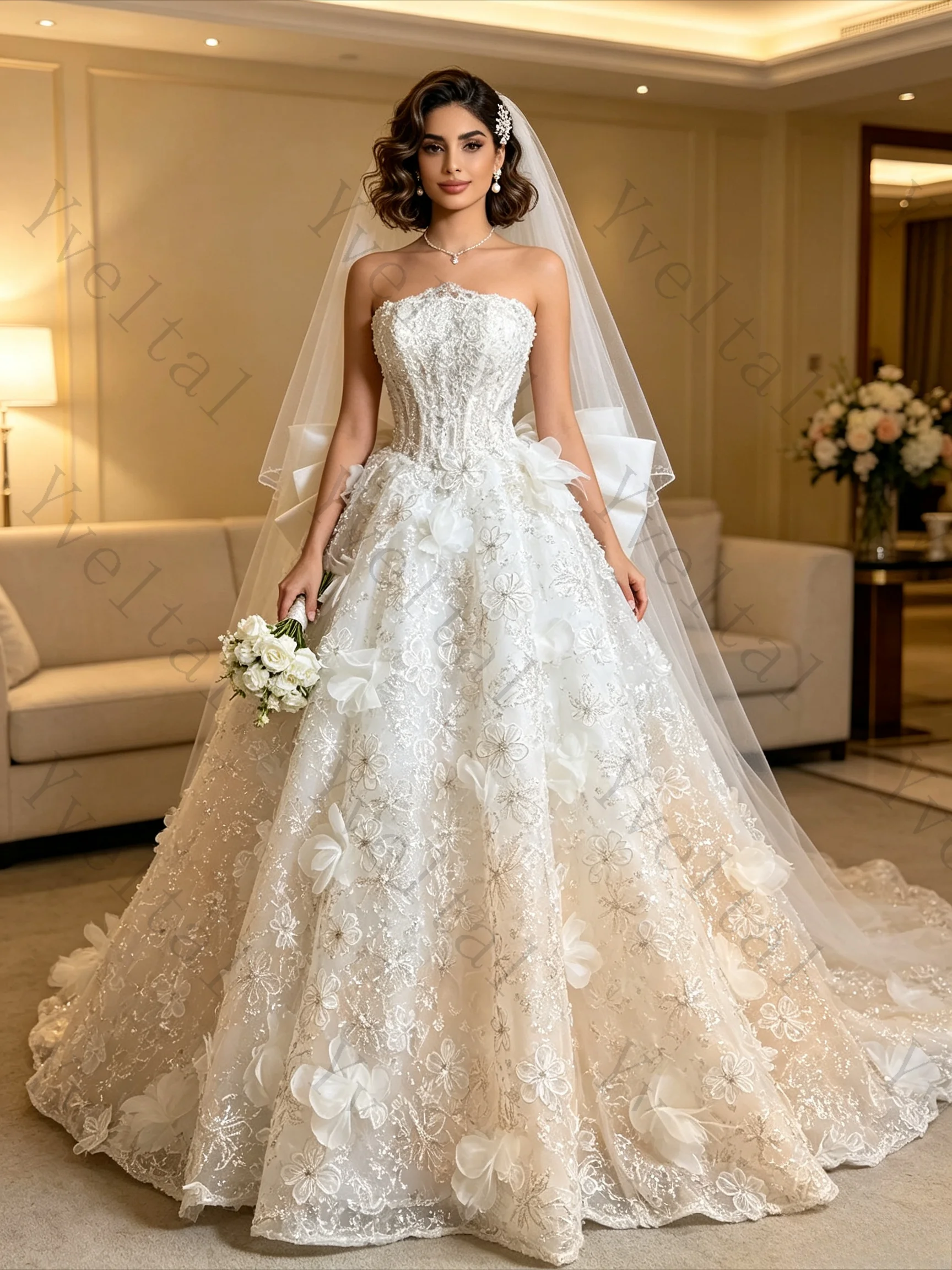 Customized Strapless Princess Wedding Gown 3D Floral Appliques Sparkly Sequin A‑Line Bridal Dress With Large Bow for Wedding