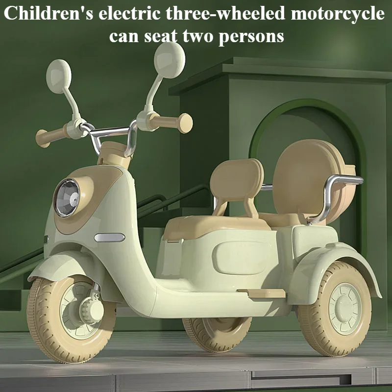 Kids Electric Tricycle Rechargeable Double Motorcycle for Boys Girls 3-wheel Motorbike with Music Guardrail Big Anti-slip Wheels