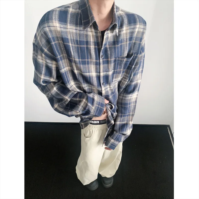 Autumn Long Sleeved Shirt Men Fashion Retro Plaid Shirt Men Japanese Streetwear Loose Brown Casual Shirts Mens Large Size 4XL