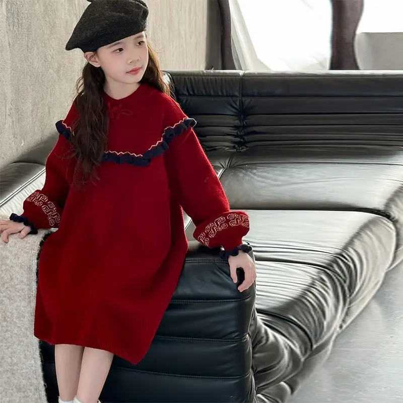 New 2025 Girls Red New Years Princess Dress for Kids Warm Knit Sweater Dress with Tulle Skirt for Childrens Holiday Wear