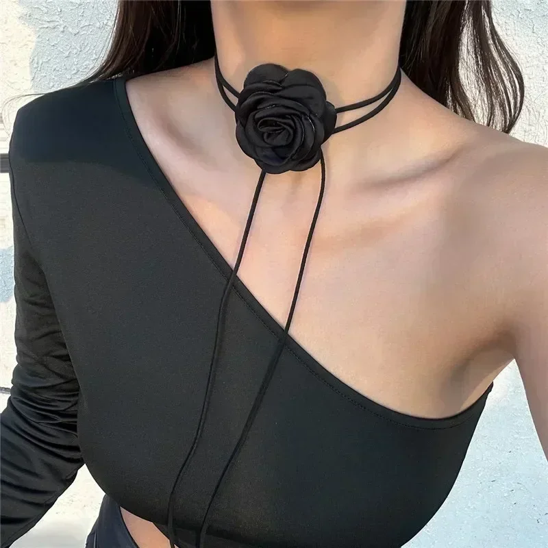 Black Fabric Flower Cord Knotted Choker Necklace For Women Party Evening Women Fashion Necklace Gorgeous Wedding Jewelry