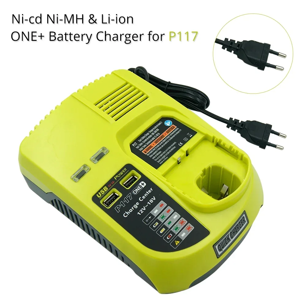 Ni-Cad Ni-Mh Li-ion 9.6V 12V 14.4V 18V MAX Battery Charger for Ryobi P100 P102 P108 RB18L40 P117 One Plus + 2 USB Ports  EU Plug