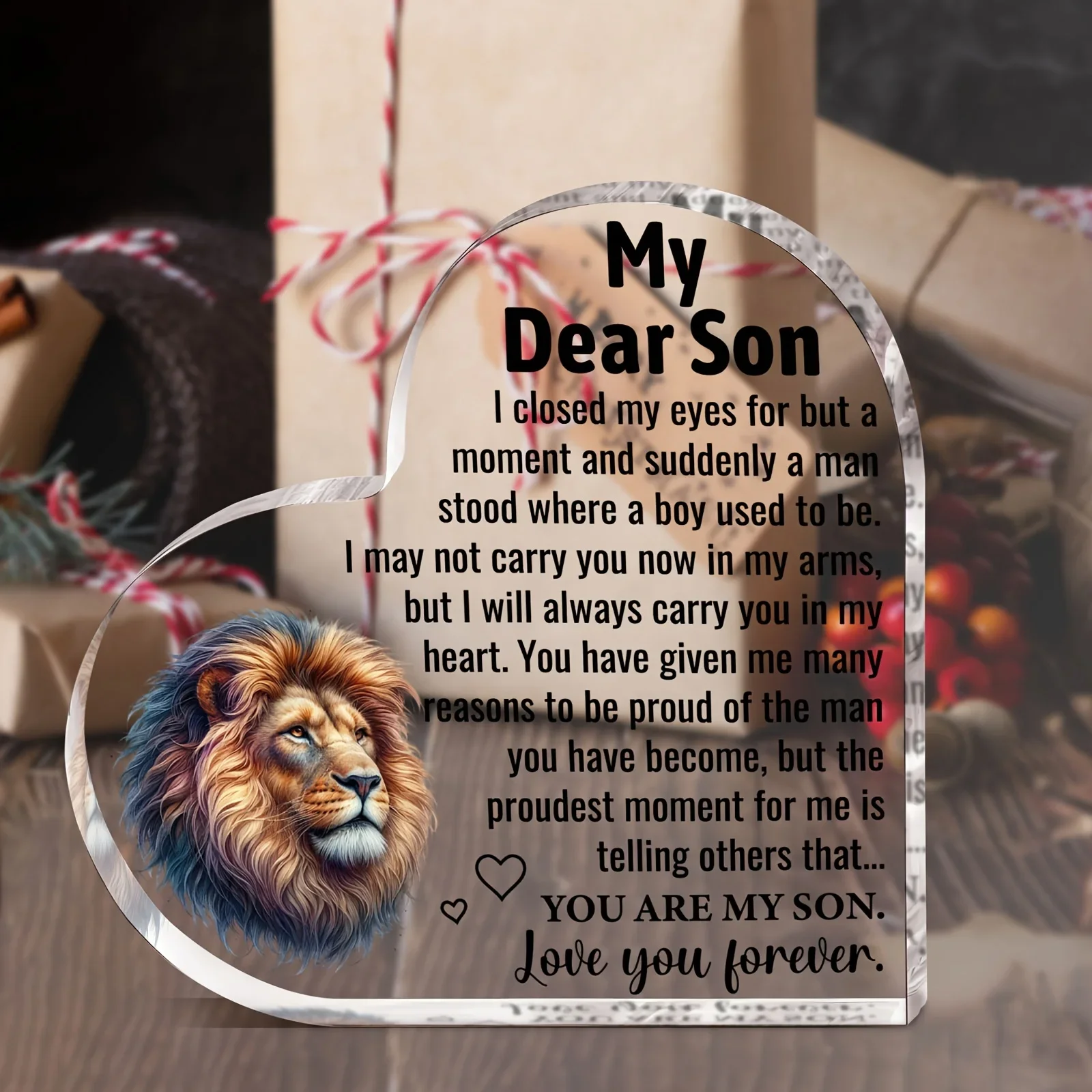 My Dear Son Heart‑Shaped Acrylic Plaque, Lion Portrait Inspirational Sentimental Gift