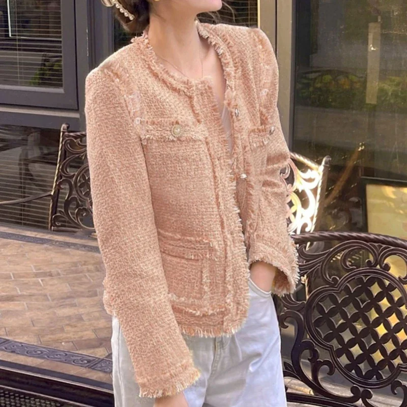 Small Fragrant Wind Short Jacket Spring Autumn Women\'s High-Grade Leisure Round Neck Tweed Outcoat Fashion Versatile Outwear