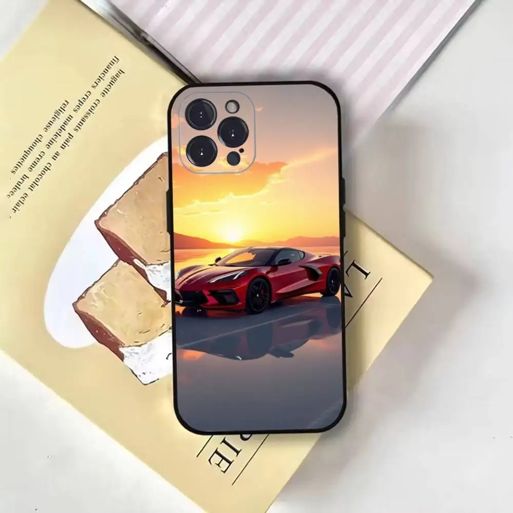 حافظة هاتف عصرية رائعة C-CorvetteS C8 C6 لهاتف iPhone16,15,14,13,12,11 Plus,Pro Max,XS,X,XR,SE,Mini,8,7,Soft Black Cover