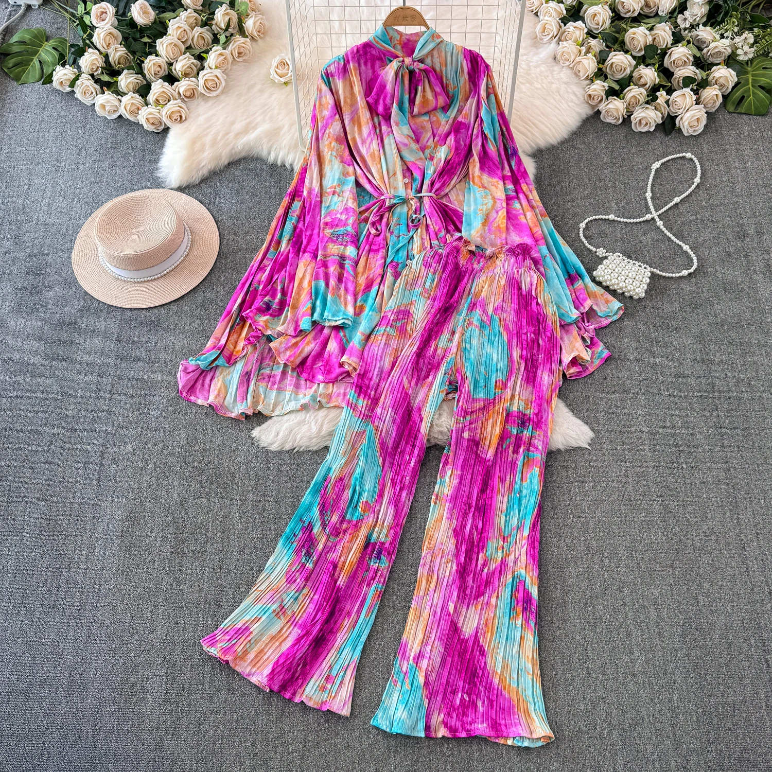 New Temperament Two-piece Set For Women Elegant European American Style Luxury Printed Top+Loose Casual Pleated Pants Outfit