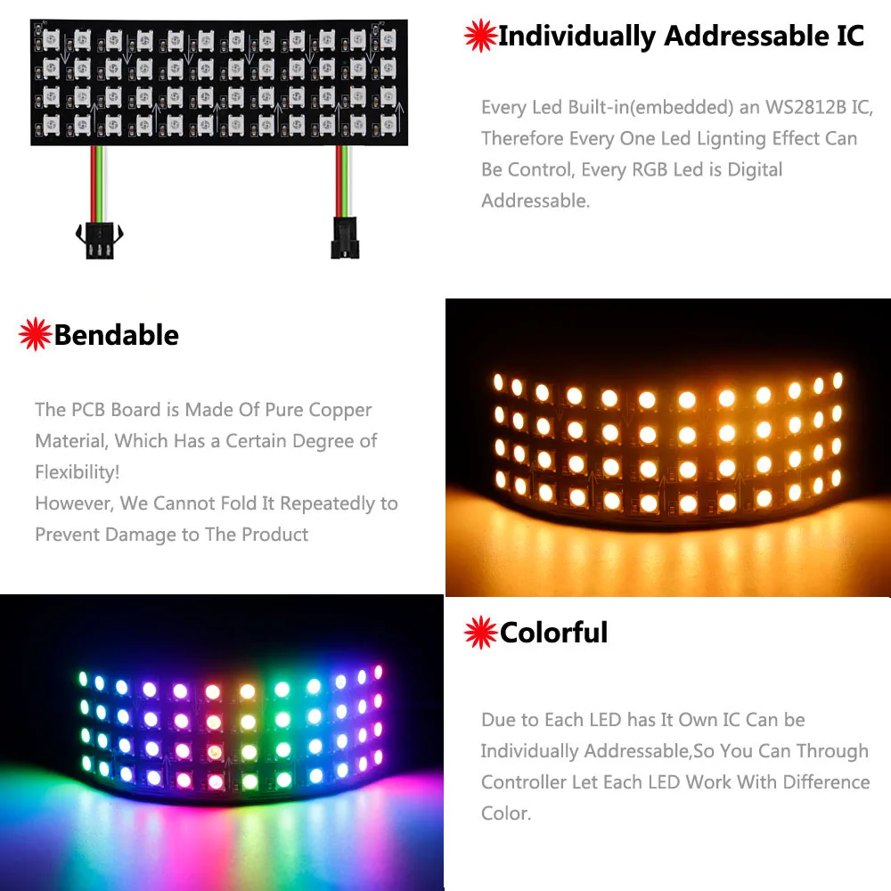 WS2812B LED Digital Flexible Individually Addressable Panel Light 4X12 48Pixels WS2812IC Module Matrix Screen DC5V ﻿