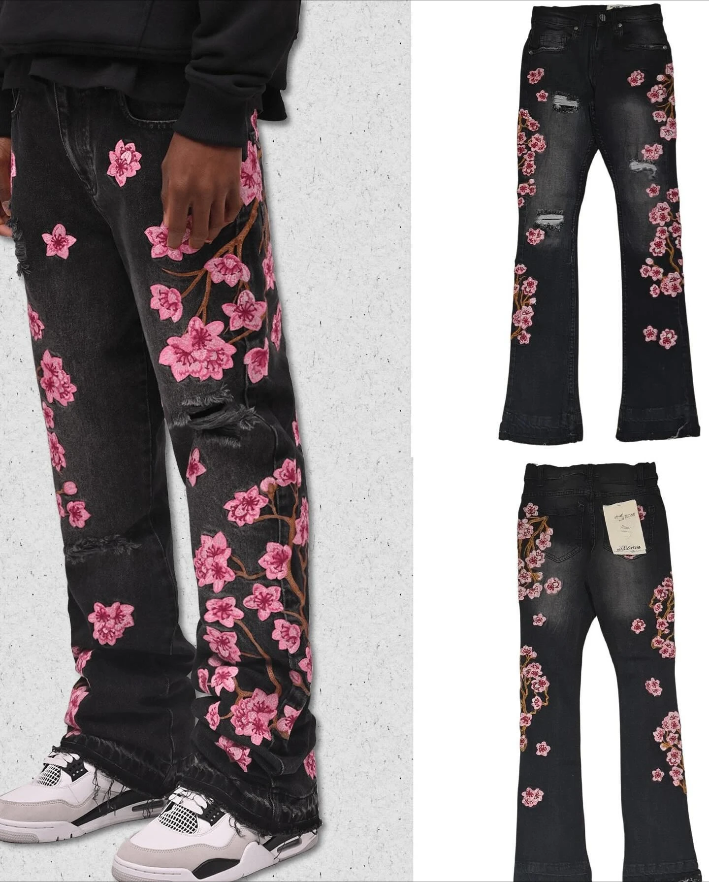 NEUE Streetwear Kirschblüten Stickerei Coole Jeans für Unisex Hip Hop Baggy Low Rise Mode Breite Bein Denim Hosen Kleidung
