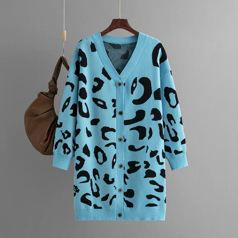 Cárdigan de punto con cuello en V y diseño de leopardo para mujer, Abrigos informales de una sola botonadura, Tops coreanos holgados, Blusas de manga larga