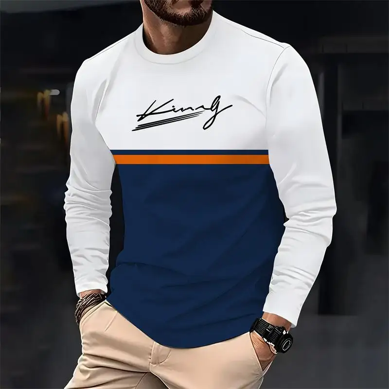 Men's striped long sleeved T-shirt 3D King pattern Autumn round neck T-shirt cotton Comfort tops Casual y2k streetwear clothing