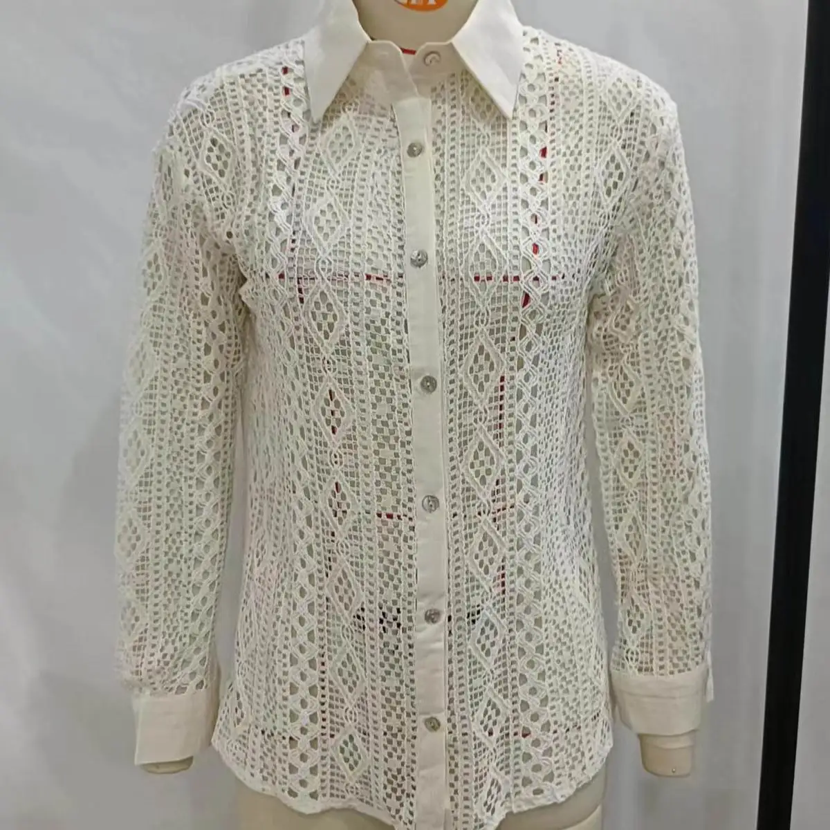 Hollow Out Blouse Crochet Lace Shirt Beige Color Women Summer Clothing Vacation Top Wear