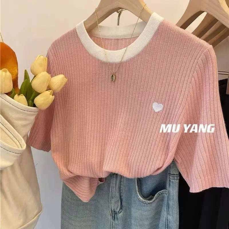 Summer Youth Women New Patchwork Colorful Loose Short Sleeved Casual Multiple Colour All-match Round Neck Printing Pullovers Top image 4