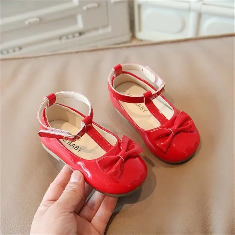 Baby Girls Patent Leather Shoes Bow Mary Janes Party Princess Shoes Kids soft sole T-shaped Red Leather Shoes Student Flats Shoe