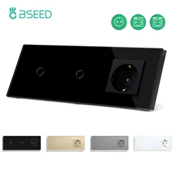 BSEED EU Standard 1Gang 1Way Wall Touch Switches With EU Wall Socket Black White Golden Glass Panel Led Sensor Light Switches