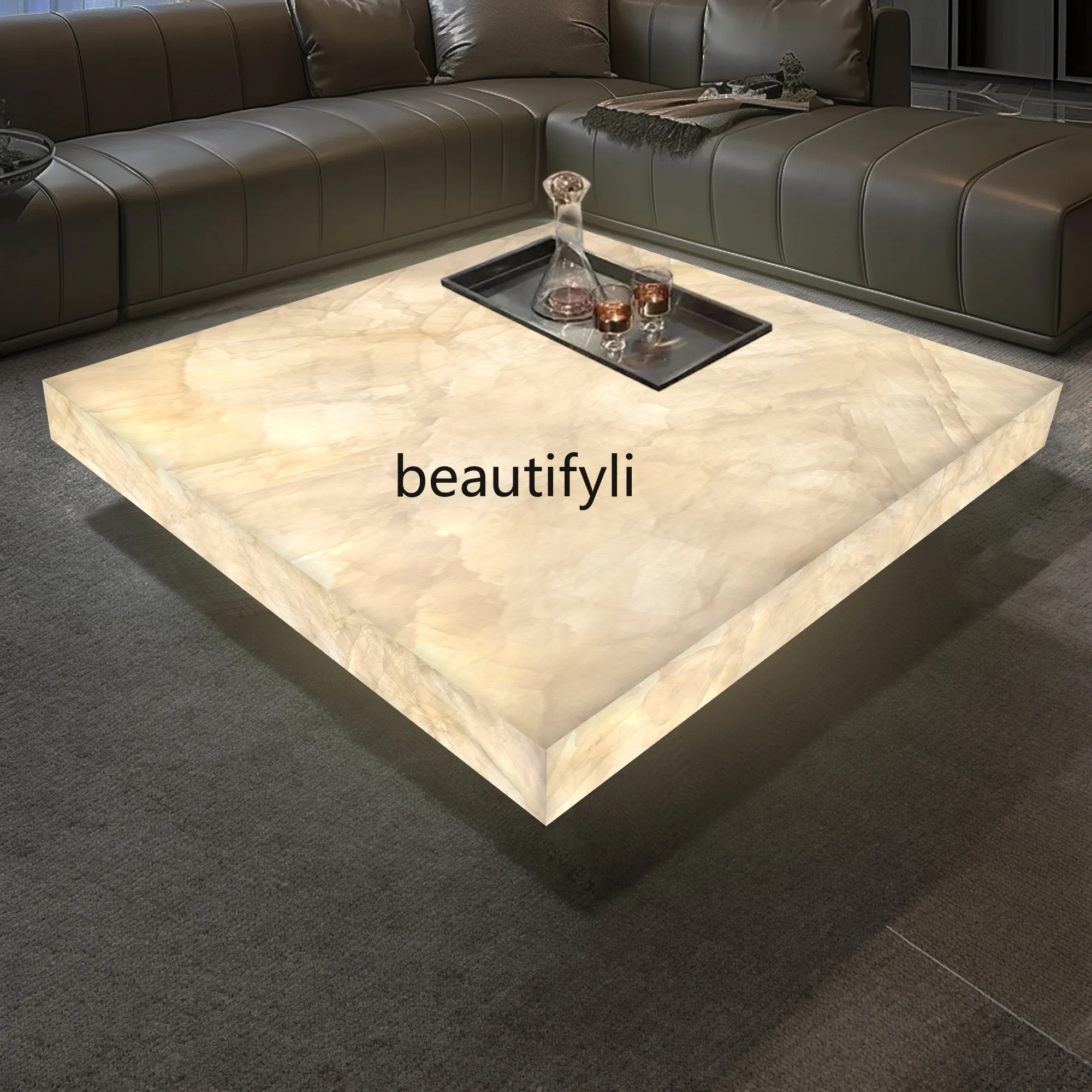 

Luminous coffee table luxury stone villa living room square marble household light luxury minimalist jade