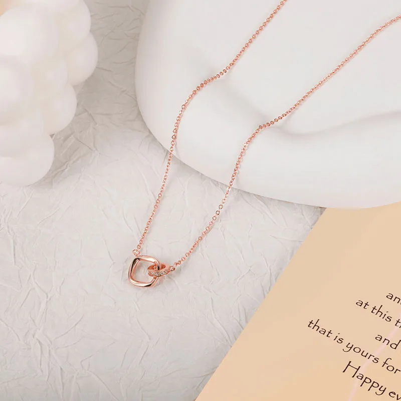 Kolmnsta Circle Square Shape Zirconia Necklace For Women Rose Gold Color Long Pendant Necklaces Clavicle Chain Wedding Jewelry