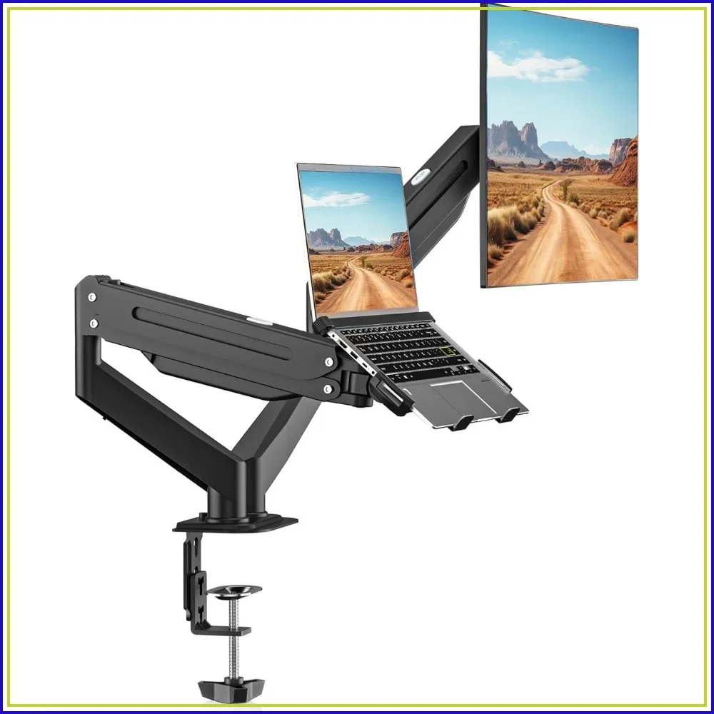 

2 in 1 Dual Monitor Desk Mount for 13-18in Laptop & 17-32in Monitor, Holds 22lbs, Adjustable Arm with Laptop Tray
