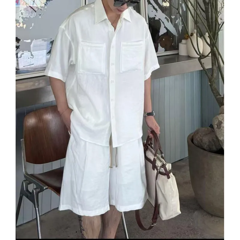 Summer Simple Versatile Shirt Set Men Loose 2 Piece Set Shirt Shorts Elegant Vacation Beach Set Casual Business Men Clothing