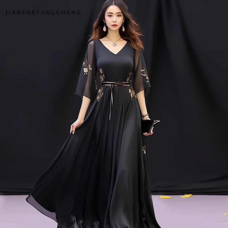 Womens Summer Short Sleeve Black Embroidered Chiffon Long Dress High Waisted A-line Pleated Big Swing Flowing Floor Dresses