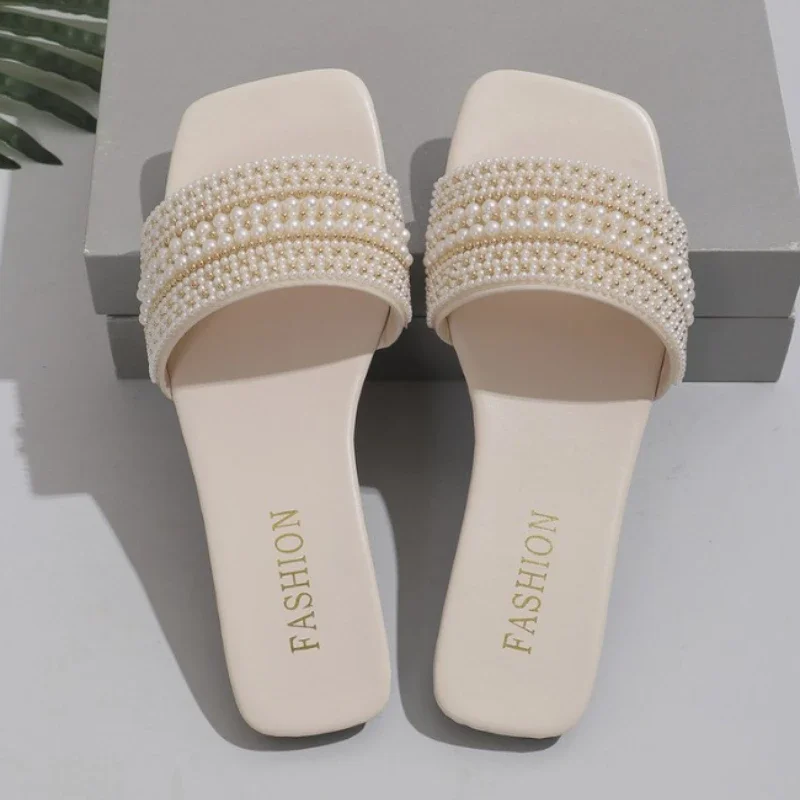 

Women Luxury Pearl Slippers Summer Flats Square Toe Slides Sandals Woman Non Slip Beach Flip Flops Big Size Zapatillas De Mujer