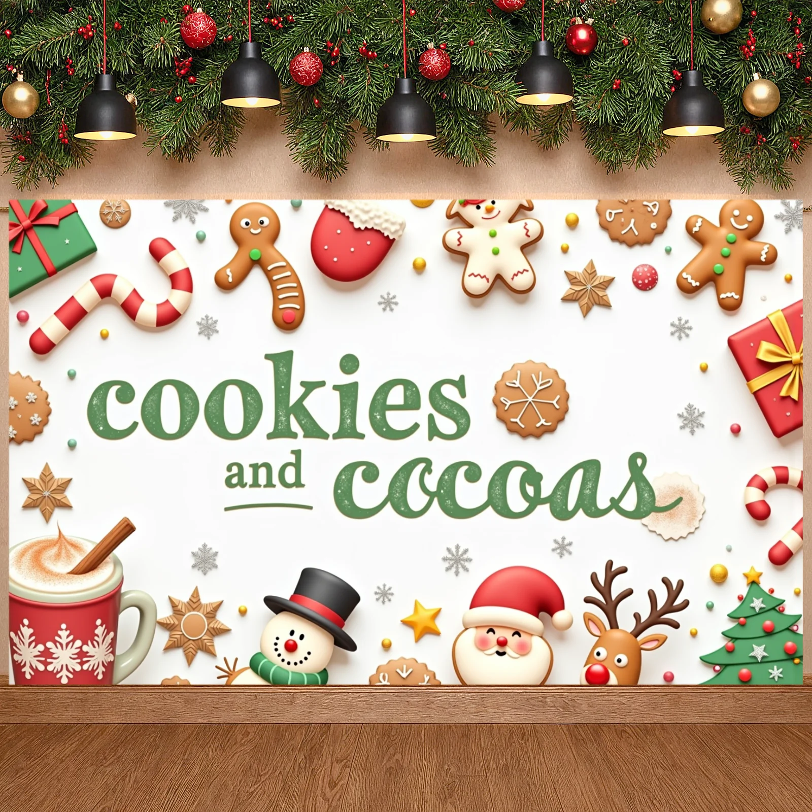Christmas Party Backdrop Snowflake Cookies Cocoa Banner Winter Festive Display Reindeer Holiday Backdrop For Holiday Celebration