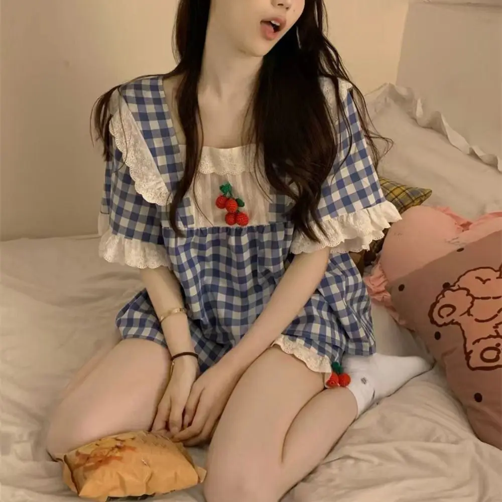 Cherry Lace Grid Pajama Suit Square Neck Short Sleeve Shorts Camisole Nightwear Loose Women Homewear Two Pieces Sleepwear Sets