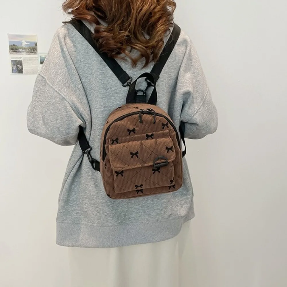 New Mini Backpack Bowknot Printed Corduroy Storage Bag Ins Korean Version Cosmetic Bag Girls