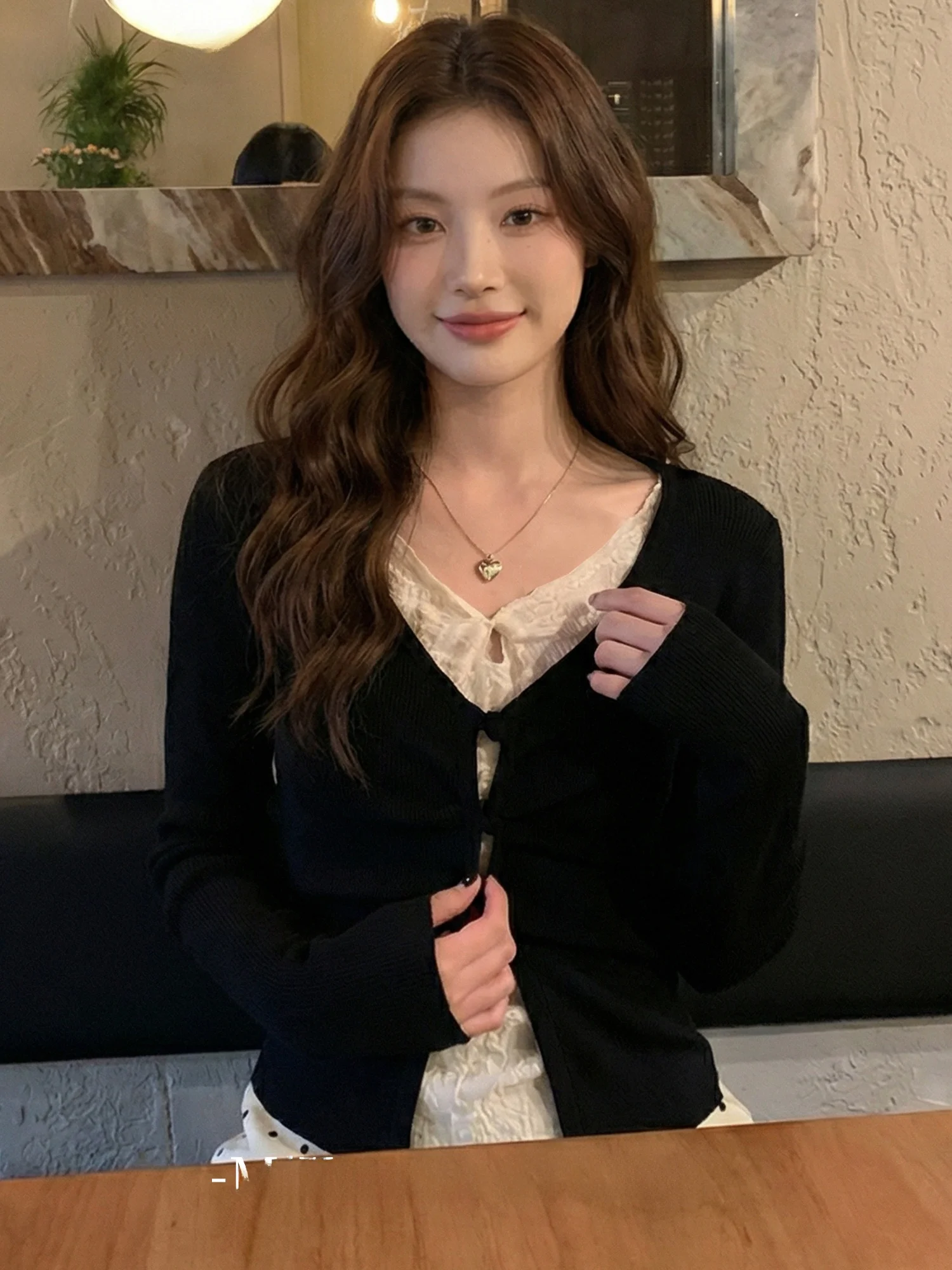 

Princ Sle Lace Hollow out Knitted Bla Open Cardigan Women's Slim Fit Base Layer Top Spring Season Soft Fabric Long Sve