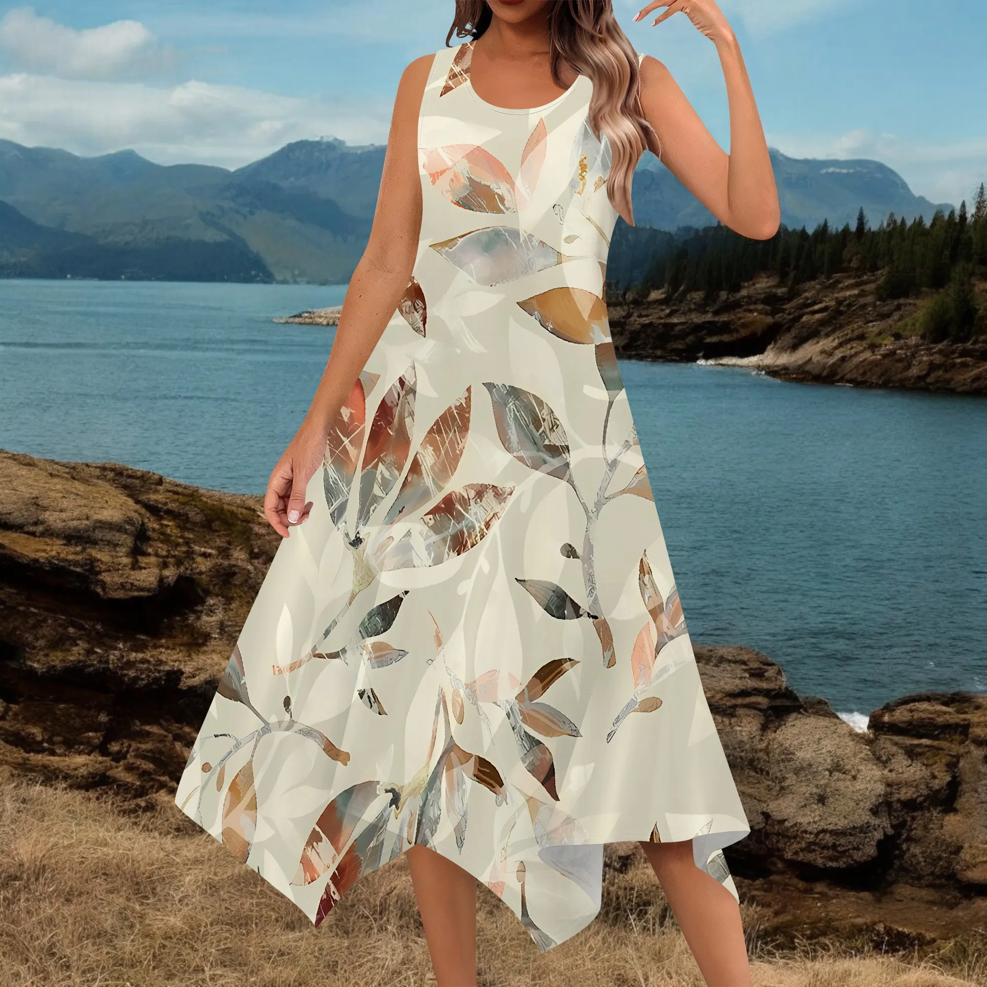 EQQZD Standard Size Stylish Crew Neck Halter Dress, Simple Leaf Print Midi Dress with Irregular Hem