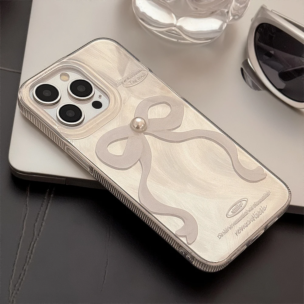 Ins Korea Cute Pearl White Bow Silvery Phone Case for iPhone 15 14 13 Pro Max 12 Pro 11 Back Cover image 5