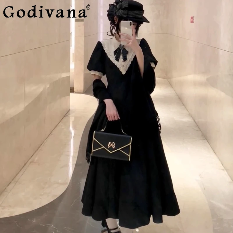 الفتيات لوليتا قرصة الخصر فستان القوطية نمط ثقافة فرعية أسود داكن فستان المرأة الربيع الصيف ألف خط القوس طوق فستان طويل