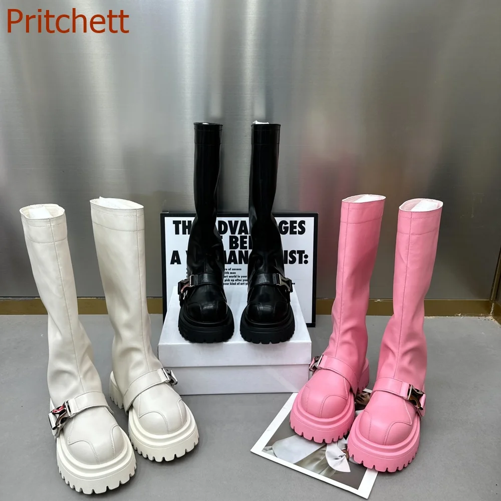 

Round Toe Solid Women Boots Belt Buckle Thick Sole Fashion Slip On Casual Sexy Party Comfortable Women Shoes 2023 New Arrivals