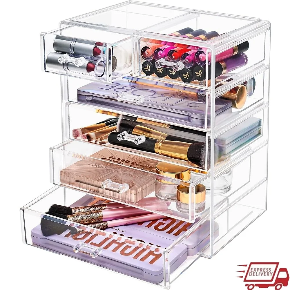 

Acrylic Makeup Organizer Storage Case Clear Cosmetic and Jewelry Organizer Vanity Bathroom Counter Makeup Brushes Accessories