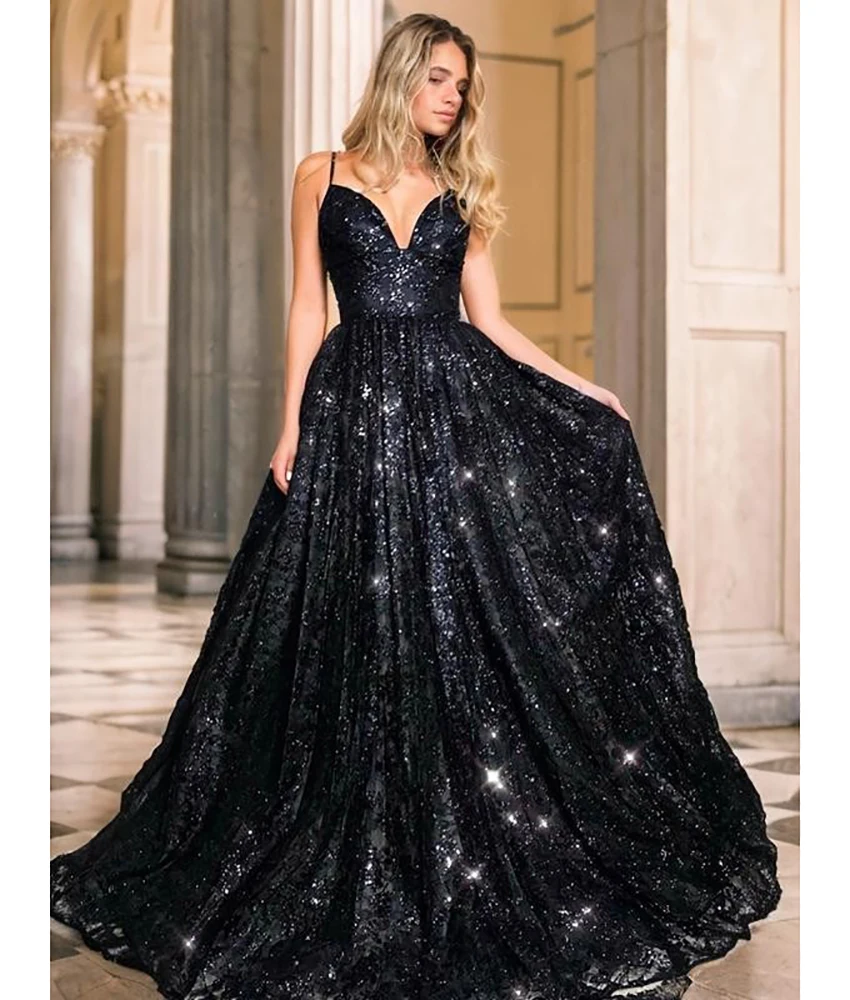 

Customized Sexy Organza A-Line Spaghetti Straps Appliques Sequined Evening Dress High Quality Sleeveless V-Neck prom dresses