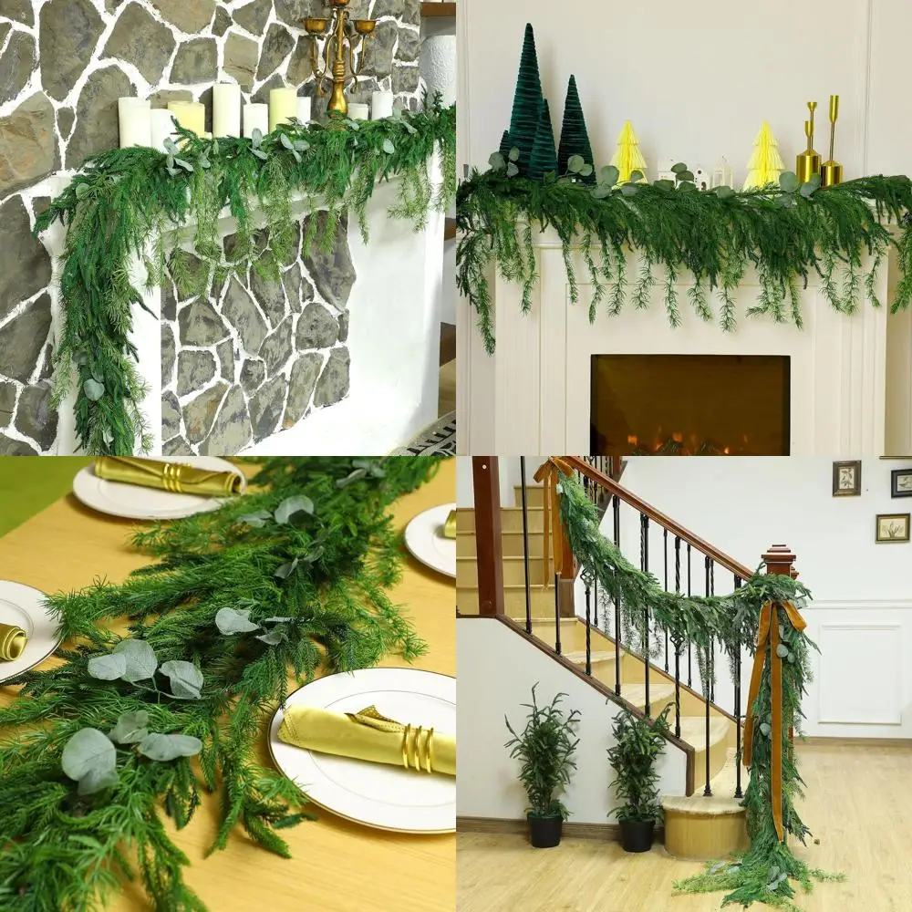 

Realistic Artificial Christmas Greenery Garland, 6 Feet, Set of 4, Suitable for Indoor and Outdoor Fireplace Mantle Winter Decor