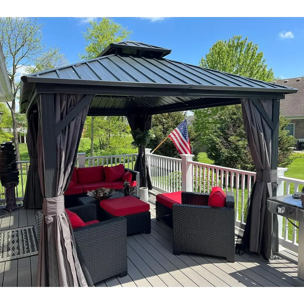 

Permanent 10' x 12' Metal Gazebo with Galvanized Steel, Double Roof, Curtains, and Netting for Outdoor Spaces