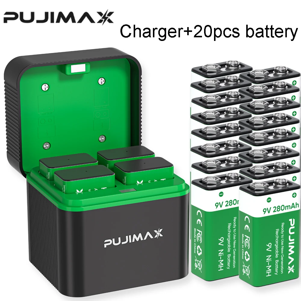 Akumulator PUJIMAX 9V Ni-MH z ładowarką 4-gniazdową, baterie 280mAh do gitary, mikrofonu, czujnika dymu, multimetru — zdjęcie produktu 6