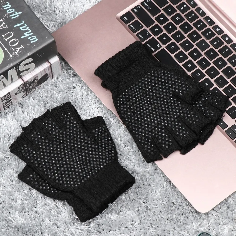 1 Pair Non-Slip Fingerless Gloves Knitted Lightweight Yoga Gloves Stretchy Sweat Absorption Fitness Glove Fishing Activity
